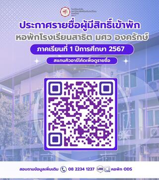 ประกาศรายชื่อผู้มีสิทธิ์เข้าพักหอพักโรงเรียนสาธิต มศว องครักษ์ ภาคเรียนที่ 1 ปีการศึกษา 2567  และกำหนดการรายงานตัวเข้าพัก