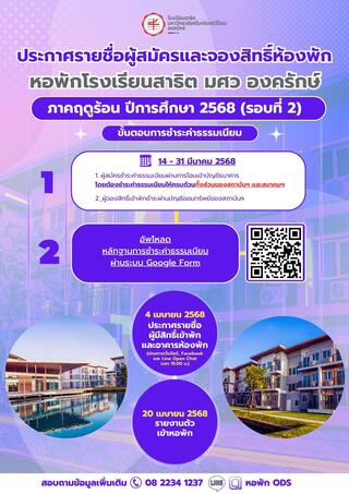ประกาศรายชื่อผู้สมัครและผู้จองสิทธิ์ห้องพักหอพักโรงเรียนสาธิต มศว องครักษ์  ภาคฤดูร้อน ปีการศึกษา 2568 (รอบที่ 2) และข้อมูลการชำระค่าธรรมเนียม