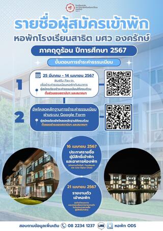 ประกาศรายชื่อผู้สมัครเข้าพัก หอพักโรงเรียนสาธิต มศว องครักษ์ ภาคฤดูร้อน ปีการศึกษา 2567 และข้อมูลการชำระค่าธรรมเนียม