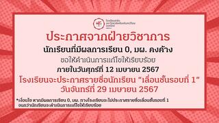 นักเรียนที่มีผลการเรียน 0, มผ. คงค้าง ขอให้ดำเนินการแก้ไขให้เรียบร้อย ภายในวันศุกร์ที่ 12 เมษายน 2567 